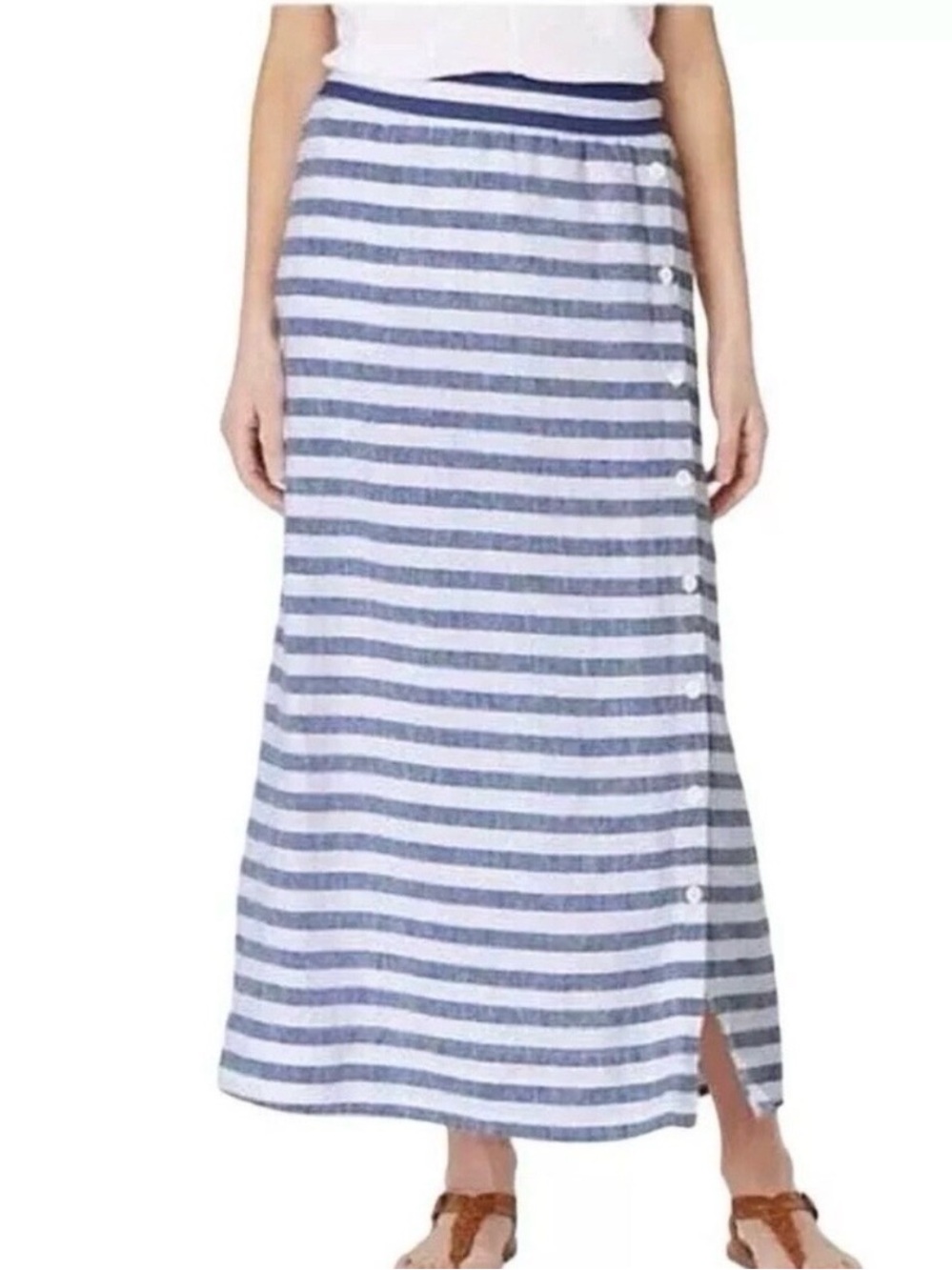 J. Jill Love Linen Blue White Nautical Striped Linen Maxi Skirt XS